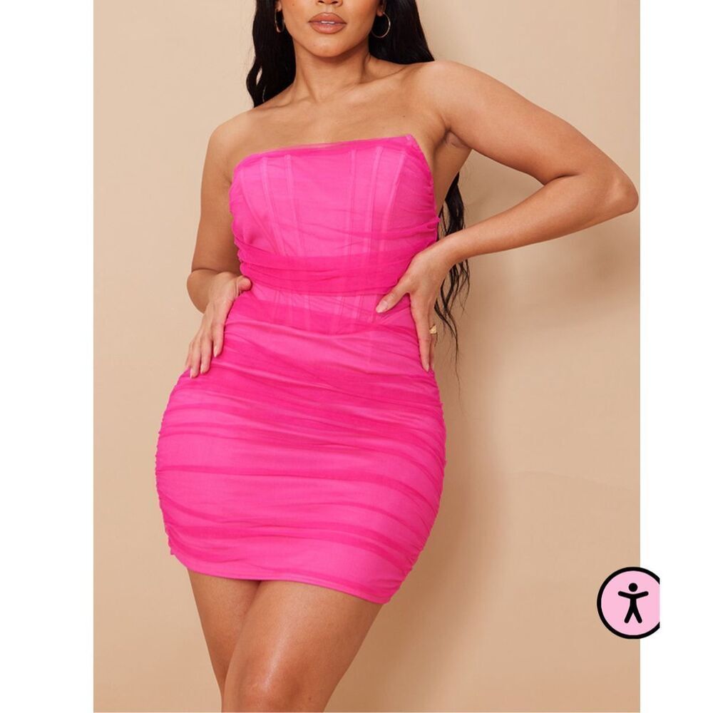 Prettylittlething Hot Pink Mesh Corset Detail Ruched Bodycon Dress Size 12